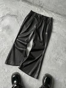 NEON BLANC 男士休闲时尚街头通勤刺绣PU皮喇叭裤 - 黑色 - 查看 6