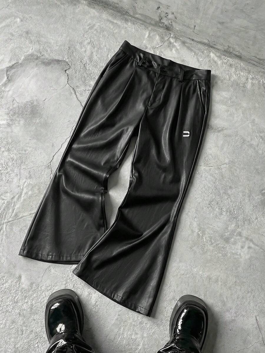 NEON BLANC Men's Casual Fashion Street Daily Commute Embroidered PU Leather Flare Pants - Black - View 1