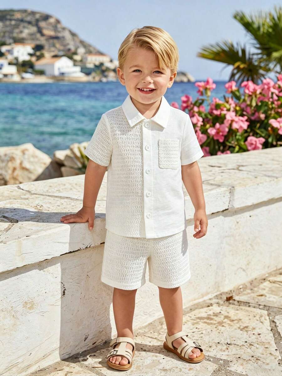 Vintaside Kids 男婴装饰贴袋翻领短袖开衫和短裤套装 - 彩色 - 查看 1
