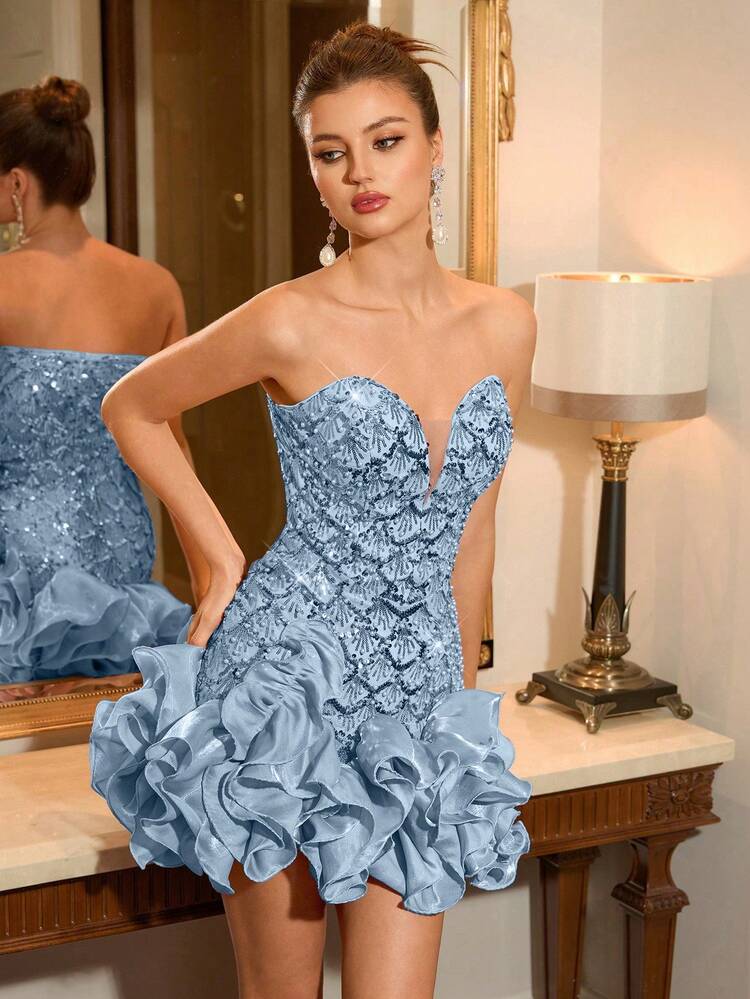 mini rehearsal dinner dress Poshira Strapless Deep V-Neck Rhinestone Sequined Party Dates Dress,3D Floral Design Short Hem Gown Birthday,Wedding Guest rehearsal dinner dress not white Palm Springs Midi Dress living_room_wall_art Elopement Dress Size:US8/AU12