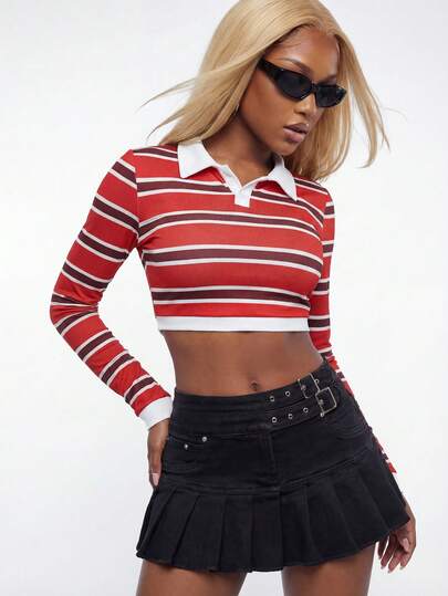 Modviera 性感超短罗纹条纹数码印花春季长袖多色女式衬衫，秋季款