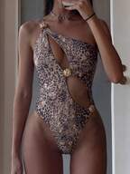 Fembélia Costum de baie întreg pentru femei cu imprimeu leopard, asimetric, cu umeri decupați, cataramă metalică, pentru plajă, bronzare, vară, stil retro anii '70, vacanță și petrecere