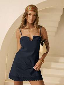 Aralina 女士府绸修身A字迷你连衣裙，饰有刺绣滚边，白色迷你连衣裙，沙滩裙，优雅度假裙，日常休闲裙，可爱乡村风，复古富贵风连衣裙 - 藏蓝色 - 查看 5