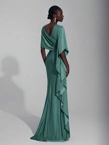 Elitara Gaun Bridesmaid Model Ekor Ikan Seksi dengan Belahan Samping, Elegan dan Mewah dari Satin dengan Hiasan Lengan Berkerut dan Belahan Samping. - Olive Green - View 2