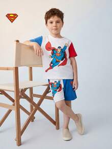 SUPERMAN X SHEIN Maija Kids 男童休闲简约T恤套装，卡通图案，适合夏季穿着 - 彩色 - 查看 4