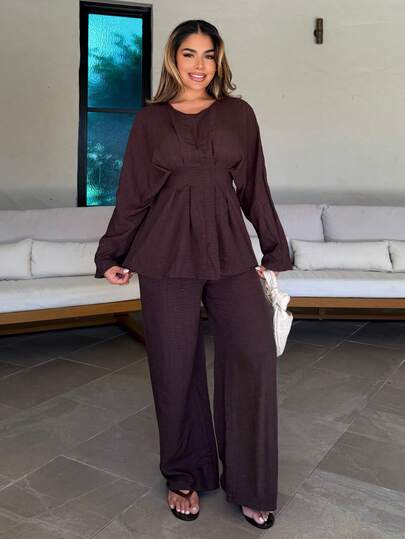 Maria Perezxox 优雅女士两件套，宽松商务休闲时尚街头风荷叶边褶皱腰身办公室穿着套头衫和直筒裤，适合秋冬季节穿着。