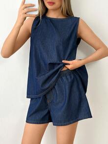 SHEIN Top & Short Two Pieces Denim Set - Dark Wash - View 3