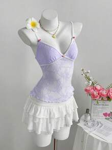 Flirla 夏季休闲度假女式粉色V领可爱纯性感编织蕾丝荷叶边3D花朵撞色蝴蝶结露背弹力细腰吊带背心 - 淡紫色 - 查看 3