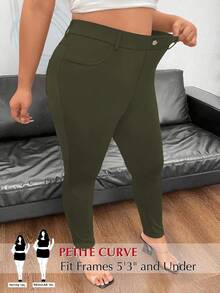 SHEIN PETITE Quần skinny dáng ôm, cạp chun, màu trơn, phong cách tối giản thường ngày. - xanh quân đội - Xem 1