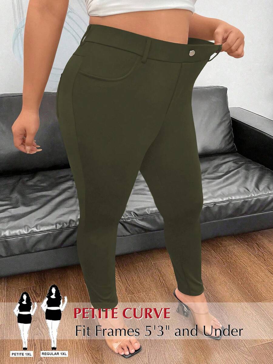 SHEIN PETITE Quần skinny dáng ôm, cạp chun, màu trơn, phong cách tối giản thường ngày. - xanh quân đội - Xem 1