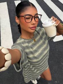 SHEIN Muchic Striped Knit Casual Women Short Sleeve T-Shirt And Shorts Set - Multicolor - View 7