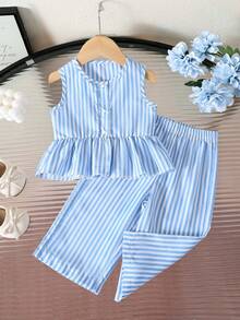 SHEIN 2件套女婴幼儿/新生儿0-3岁春夏休闲甜美日常度假条纹梭织无袖上衣和阔腿裤两件套 - 藍色 - 查看 4