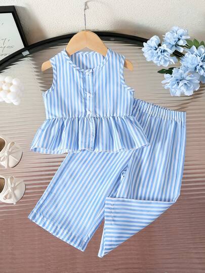 SHEIN Bộ đồ 2 món cho bé gái sơ sinh/trẻ nhỏ 0-3 tuổi, thích hợp mặc hàng ngày vào mùa xuân/hè, gồm áo không tay kẻ sọc và quần ống rộng.