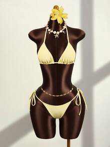 Zestiva Conjunto de playa de 3 piezas para mujer: Top de bikini triangular amarillo sólido con cuello de atar, Bottom con lazos laterales y camiseta asimétrica de hombro, traje de baño de tela especial - Amarillo - Ver 5