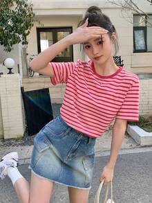 DAZY Camiseta casual de mujer de cuello redondo y manga corta a rayas - Rosa - Ver 4