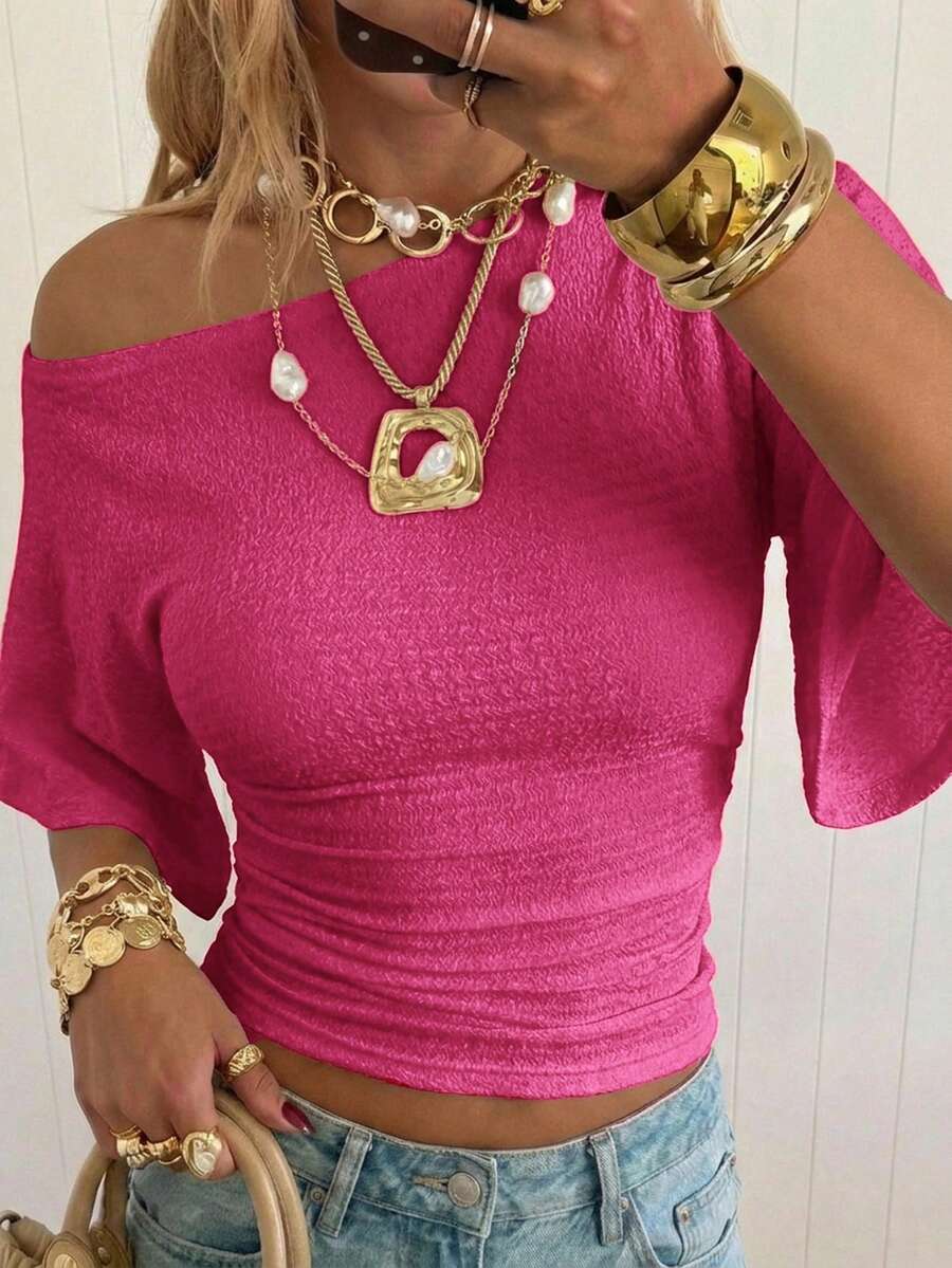 SHEIN EZwear Women's Solid Color Ruched Asymmetric Neck Knit Top,Summer Top - Hot Pink - View 1