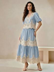 Anewsta Vintage Boho Light Blue V-Neck Puff Sleeve + Lace Patchwork Flared Skirt Vacation Style 2 Pieces Set Brunch Vacation Fall/Summer - Blue - View 7