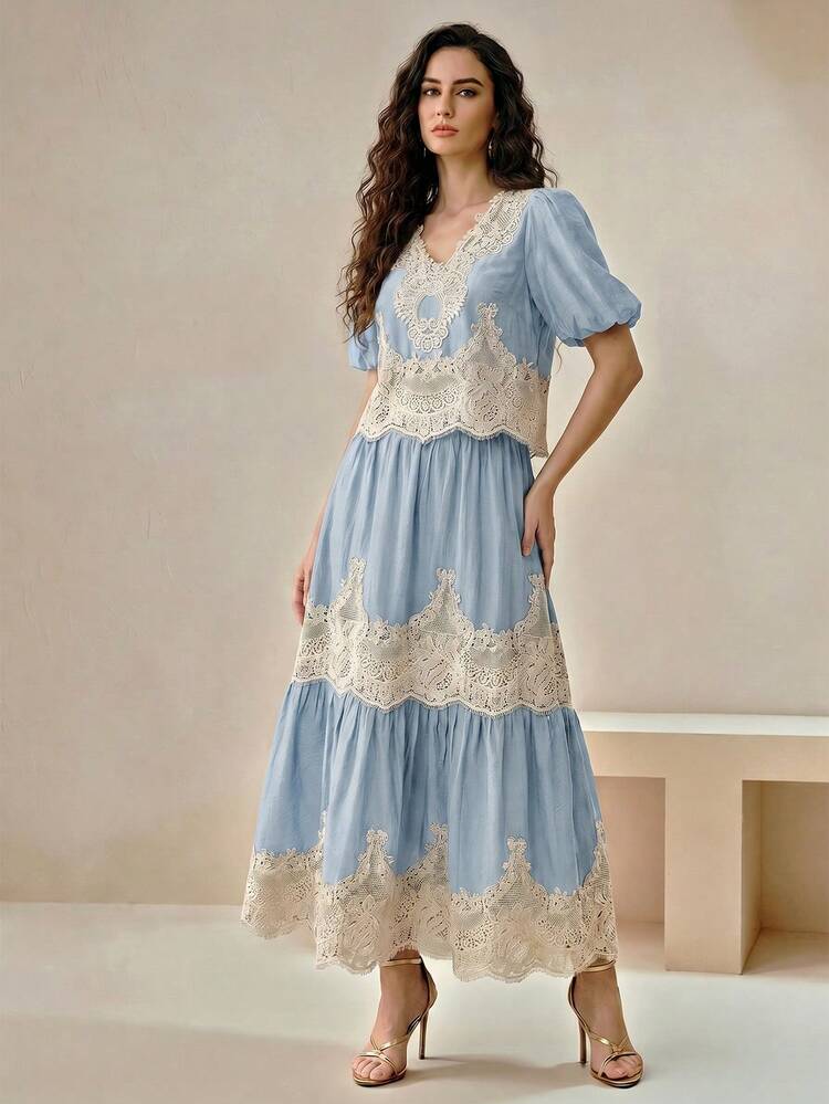 Vintage Olive Green V-Neck Puff Sleeve + Lace Patchwork Flared Skirt Vacation Style 2 Pieces Set