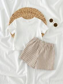 Loomiva 2件套男婴针织柔软圆领短袖上衣和松紧腰短裤套装 - 卡其色 - 查看 2