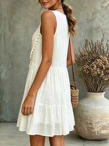 LUMIGAL Vestido largo con dobladillo con volantes, cuello con lazo y adorno de flecos para vacaciones y playa para mujer - Blanco - Ver 2