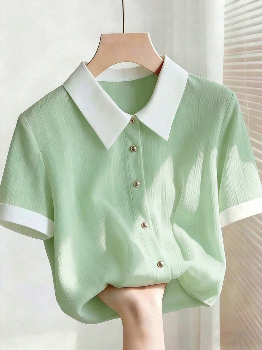 Franclia 大尺碼女款夏季優雅雪紡襯衫,淺綠色領口,寬鬆版型,短袖,適合嘉年華與教師節,辦公室穿搭 - 薄荷綠 - 查看 1