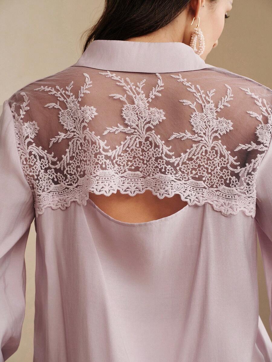 Anewsta Loose Fit Sheer Lace Back Pastal Women Blouse Flattering For Autumn Golf Sexy - Mauve Purple - View 1