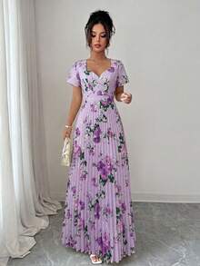 SHEIN Elenzya Đầm chữ A thanh lịch, lãng mạn với họa tiết hoa, xếp ly ở eo và cổ hình trái tim, thích hợp cho tiệc trà và dạo phố. - Nhiều màu - Xem 3