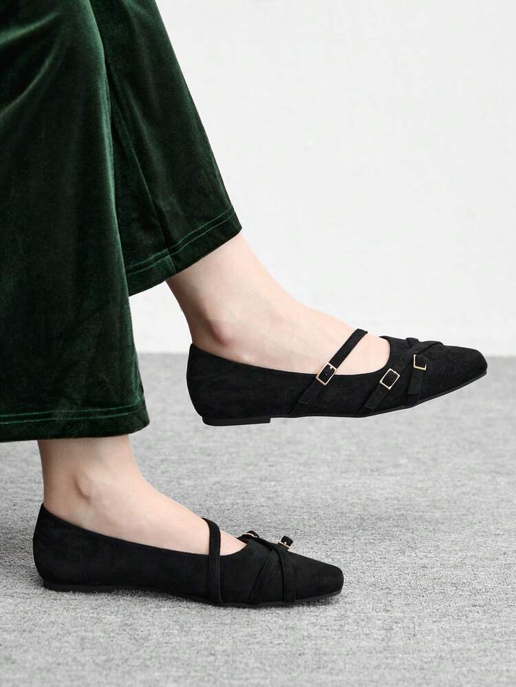 CUCCOO BIZCHIC Women Shoes Women's Square Toe Flat Bottom Black Suede Multiple Strips With Low Vamp, Slip-On Stylish And Comfortable Mary Jane Shoes Daily Versatile Commuter Women's Flat Bottom Shoes Women's Shoes