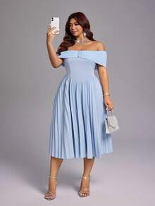 Viva Relle 女士露肩修身高腰喇叭连衣裙 - 淺藍色 - 查看 7