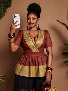 Maweii Blusa elegante de mujer con cuello en V, cintura ceñida, mangas abullonadas y dobladillo con volantes estampados, adecuada para uso diario, fiestas y trabajo - Marrón - Ver 5