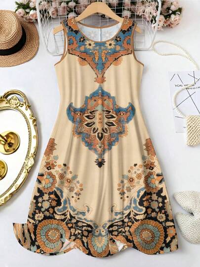 EMERY ROSE Đầm ôm sát người dài đến đầu gối, không tay, cổ tròn, in họa tiết hoa phong cách Boho, họa tiết Paisley, kiểu dáng chữ A, thích hợp cho kỳ nghỉ hè, váy tank top casual, trang phục mùa hè cho nữ, váy đi biển.