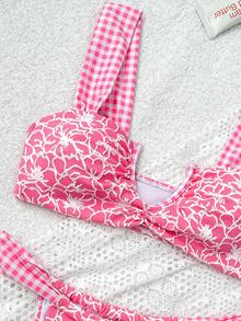 Bonvoyette Bộ đồ đi biển dễ thương dành cho nữ, họa tiết hoa văn phối màu kẻ caro, thiết kế cổ chữ V đáng yêu, phong cách ngọt ngào cổ điển, thích hợp cho các bữa tiệc biển hàng ngày, kỳ nghỉ, bikini 2 mảnh hở lưng thanh lịch. - Hồng - Xem 8