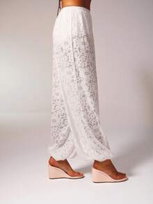 Aralina Summer Women's Fully Unlined Sheer Full Lace Cute Going Out Party Or Beach Ballon Pant - White - View 3
