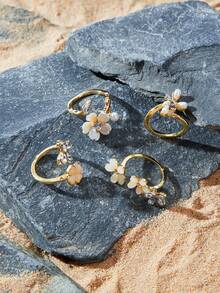 Opalesca 4pcs Ins Style Faux Pearl & Rhinestone Butterfly Flower Rings Set, Faux Gemstone 5-Petal Flower Stackable Rings For Women - Gold - View 2