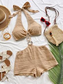 Soleia Backless Halter Jumpsuit For Beach Vacation - Khaki - View 1