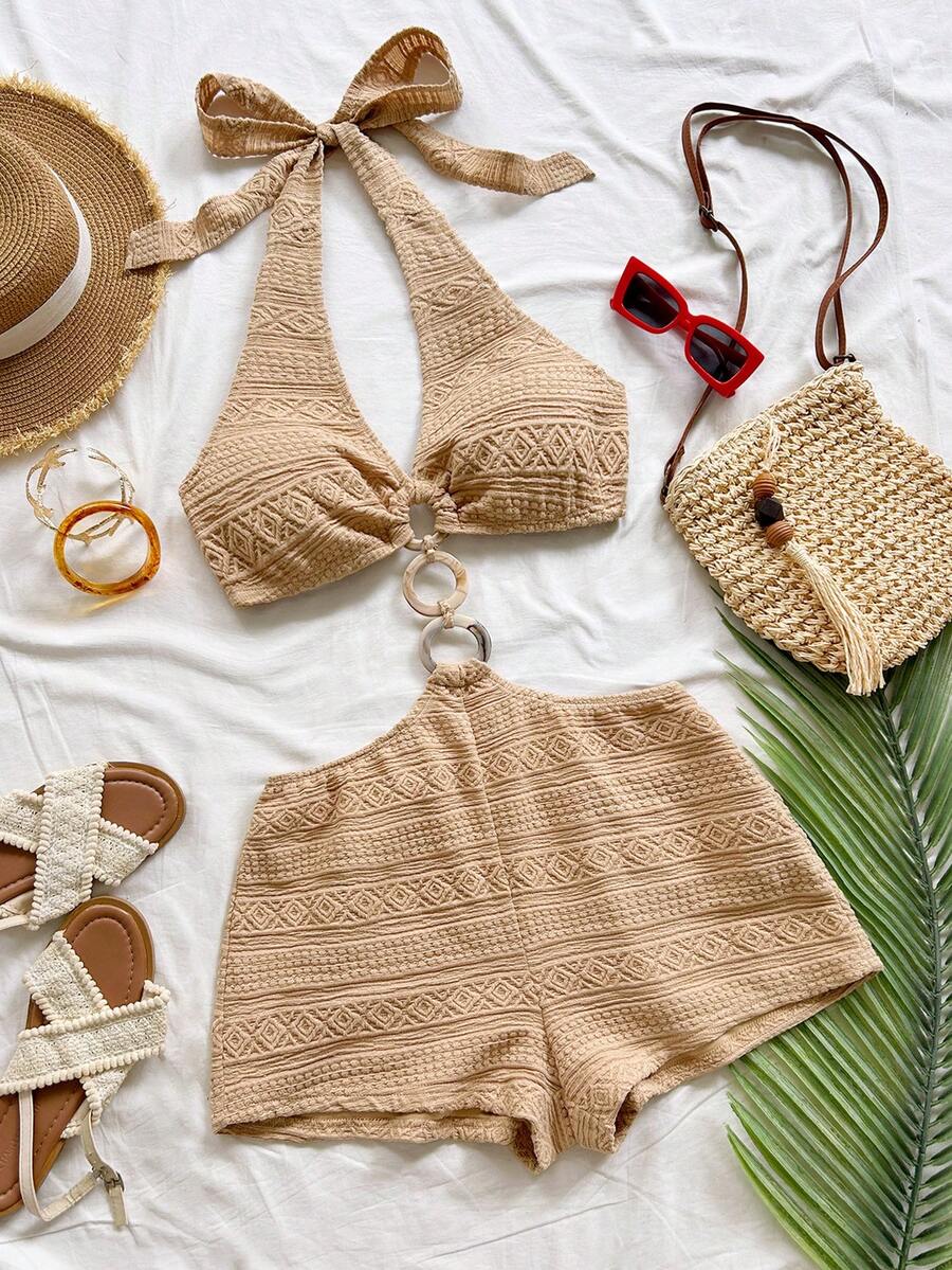 Soleia Backless Halter Jumpsuit For Beach Vacation - Khaki - View 1