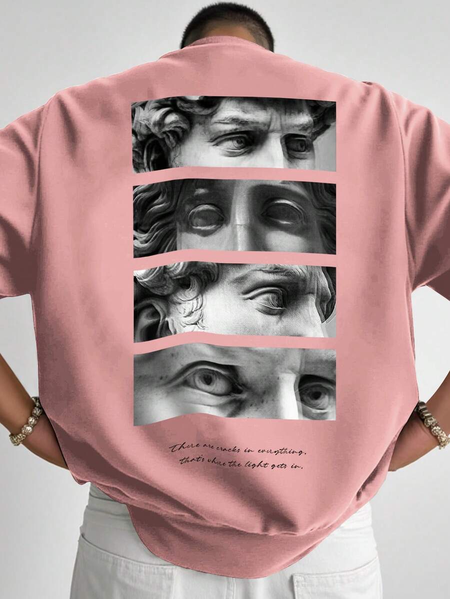 Manfinity EMRG 加大码男士时尚百搭字母和图案印花短袖T恤 - 粉色 - 查看 1