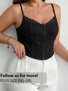 Firerie Plus Size Elegant Sexy Black Denim Corset Top, Summer Clasic Lace Trim Hook Front Camisole, Sweetheart Neckline Adjustable Straps Bustier, Night Out - Black - View 6