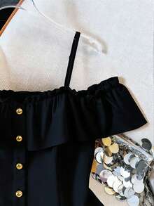 Resyla Camiseta de tirantes elegante de unicolor con volantes en los hombros para tallas grandes, de verano - Negro - Ver 3