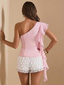 SHEIN BAE Débardeur élégant et doux à volants asymétriques sans manches rose unicolore, convenant pour les rendez-vous romantiques, les fêtes, les réunions formelles, les demoiselles d'honneur, les hauts à volants d'été, le thé, le Nouvel An, la Saint-Valentin, les anniversaires, le Top rose - Rose bonbon - Voir 2