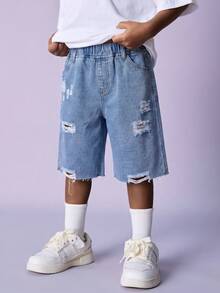 SHEIN Little Byeori 青少年男孩時尚休閒 Y2k 復古酷街頭鏤空破洞磨邊淺藍色前開孔寬鬆舒適牛仔短褲 日常穿搭 夏季至電音節慶典街頭風節慶日穿 - 藍色 - 查看 3