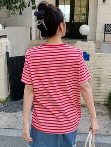 DAZY Camiseta casual de mujer de cuello redondo y manga corta a rayas - Rosa - Ver 5