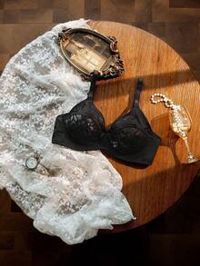 Divavoom Plus Size Lace Contrast Mesh Underwire Sexy Bra - Black - View 3