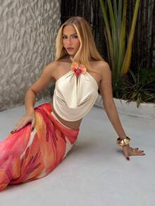 BiaLiraa 针织网眼印花低腰紧身美人鱼下摆女式裙子 - 杏色 - 查看 7