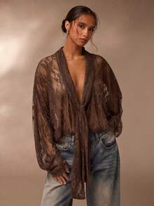 SHEIN Glamour 薄纱蕾丝衬衫，棕色蕾丝女式衬衫 - 咖啡棕 - 查看 6
