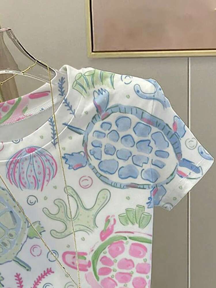 Resyla Camiseta de manga corta de ajuste ceñido con estampado digital de océano con vibra de verano, camiseta de mujer de manga corta ajustada con estampado de acuarela de océano y tortuga marina, camiseta gráfica con patrón de tortuga marina y algas marinas - Blanco - Añade 3