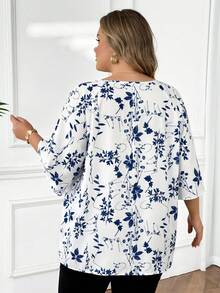 SHEIN CURVE+ 大码女式情人节印花系领衬衫，春季 - 白色 - 查看 2