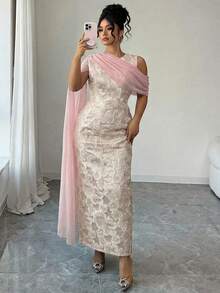 Elenzga Đầm maxi nữ bán chạy nhất, chất liệu vải jacquard vàng có họa tiết, kiểu dáng thanh lịch với khăn choàng chiffon, phù hợp cho các bữa tiệc, hẹn hò, mua sắm và nhiều dịp khác trong mùa xuân/hè. - Hồng - Xem 3