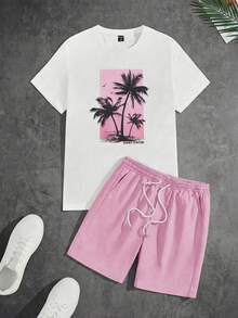 GENTILAND Men's Palm Tree Print White Slim Fit Knit T-Shirt And Shorts Set - Pink - View 1
