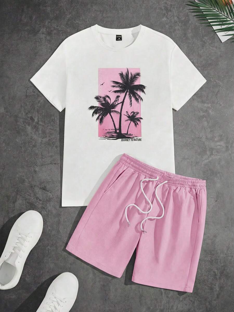 GENTILAND Men's Palm Tree Print White Slim Fit Knit T-Shirt And Shorts Set - Pink - View 1
